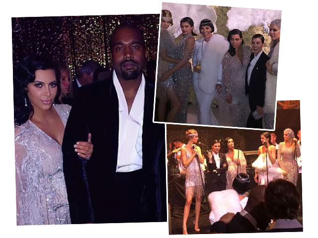 Kim e Kanye; Kendall, Kylie, Kris, Kim,, Kourtney e Khloe e as irmãs juntas no palco. Diversão e luxo nos 60 anos de Kris  ||  Créditos: Reprodução Instagram
