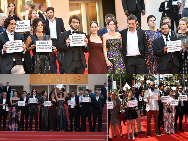 O protesto em Cannes do elenco e produção do filme "Aquarius"  ||  Créditos: Getty Images 