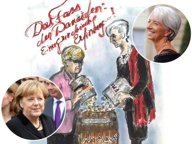 A ilustração feita por Karl Lagerfeld entre Angela Merkel e Christine Lagarde||  Créditos: Reprodução/ Getty Images 