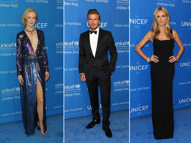 Nicole Kidman, David Beckham e em gala da Unicef