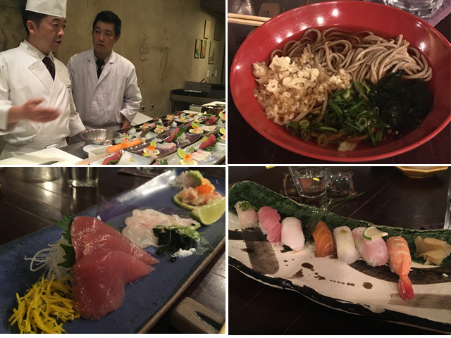 O chef Koishi Mori no balcão de suchi e alguns dos pratos servidos no menu degustação: soba, sushis e niguiris