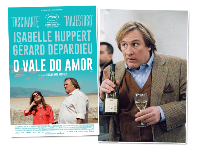 Gérard Depardieu e o cartaz do filme “Vale do Amor”. O ator desembarca no RJ no dia 17 deste mês!