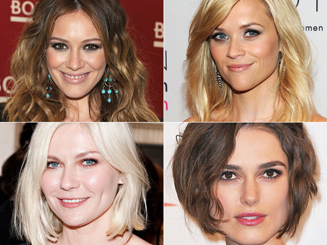 Hilary Duff – oval; Reese Witherspoon – coração; Kirsten Dunst – redondo; Keira Knightley - quadrado