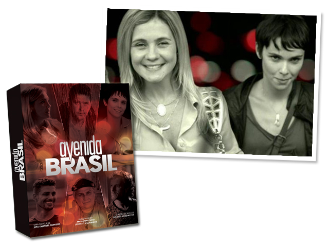 Carminha, interpretada por Adriana Esteves e Nina / Rita interpretada por Débora Falabella; e o box de DVDs da novela Avenida Brasil
