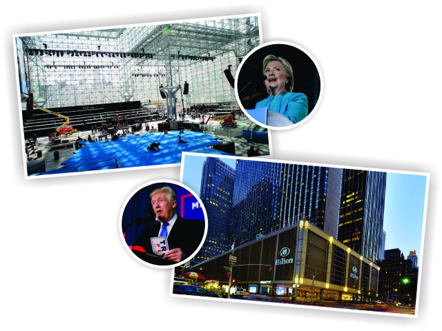 Clinton e o Javits Center, e Trump e o New York Hilton, em NY || Créditos: Getty Images