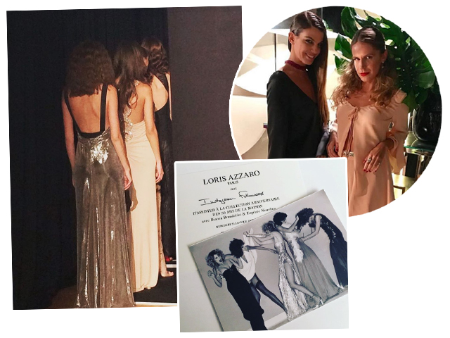 Bianca Brandolini e Eugénie Niarchos, alguns looks da coleção e detalhe do convite que celebrou a parceria com a Azzaro!