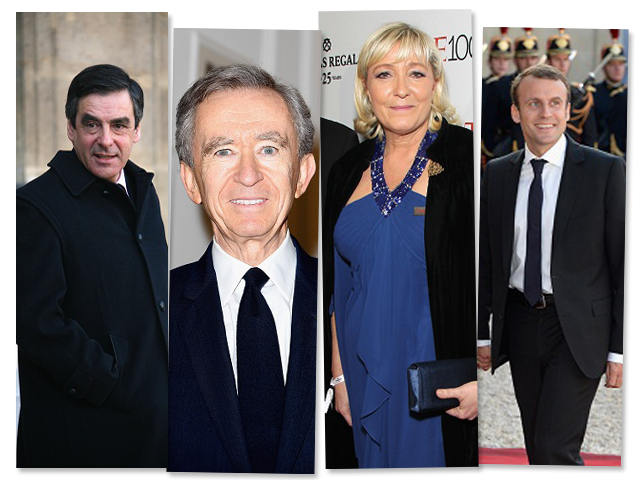 Da esquerda para a direita: Fillon, Arnault, Le Pen e Macron