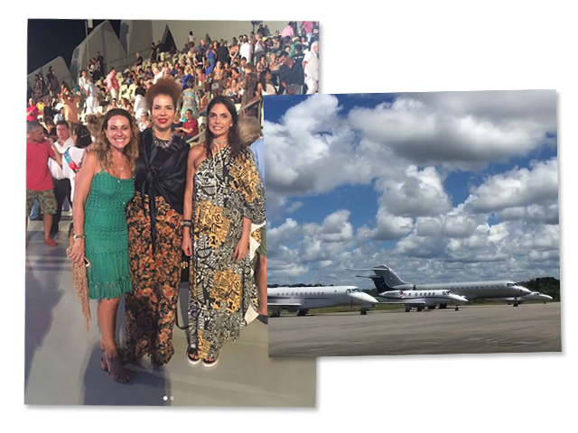 À esquerda, Giovana Dias, Vanessa da Mata e Rosâmgela Lyra no festival. À direita, o trânsito de jatinhos no aeroporto do Terravista || Créditos: Divulgação
