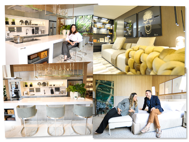 Paola Ribeiro e a cozinha de seu espaço e Ana Paula Guimarães e Thiago Manarelli e sua Suíte Master || Créditos: Paulo Freitas