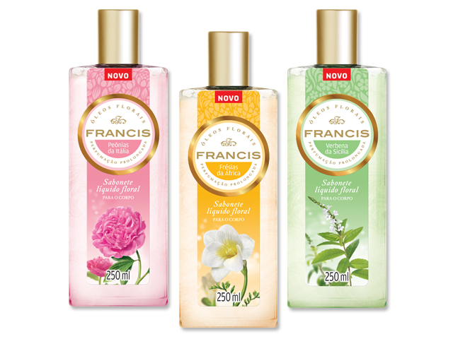 Francis vai levar linha de sabonetes líquidos com óleos florais para nosso encontro de Dia do Namorados