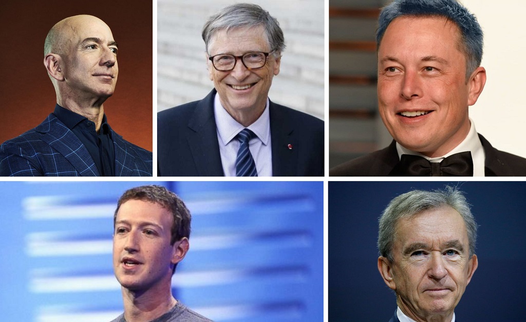 Em sentido horário: Bezos, Gates, Musk, Arnault e Zuckerberg