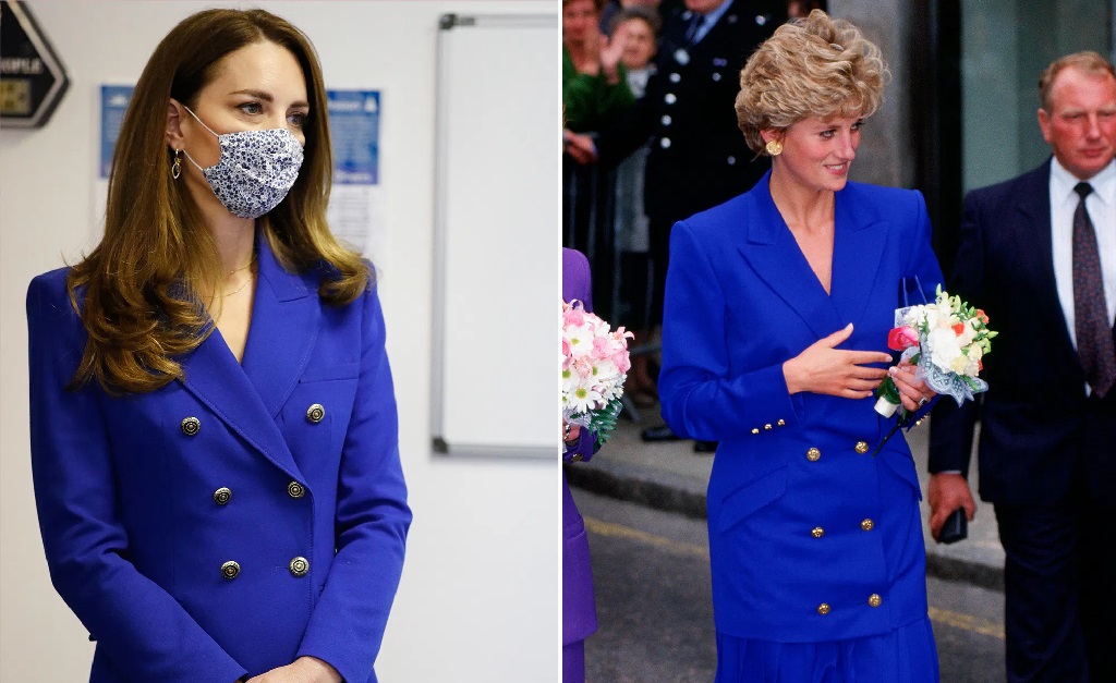 Kate Middleton, em 2021, e Diana, em 1992