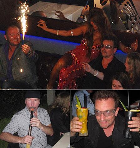 Bono ao lado da dançarina, The Edge, e Vox mostrando os drinques da noite: festa animada
